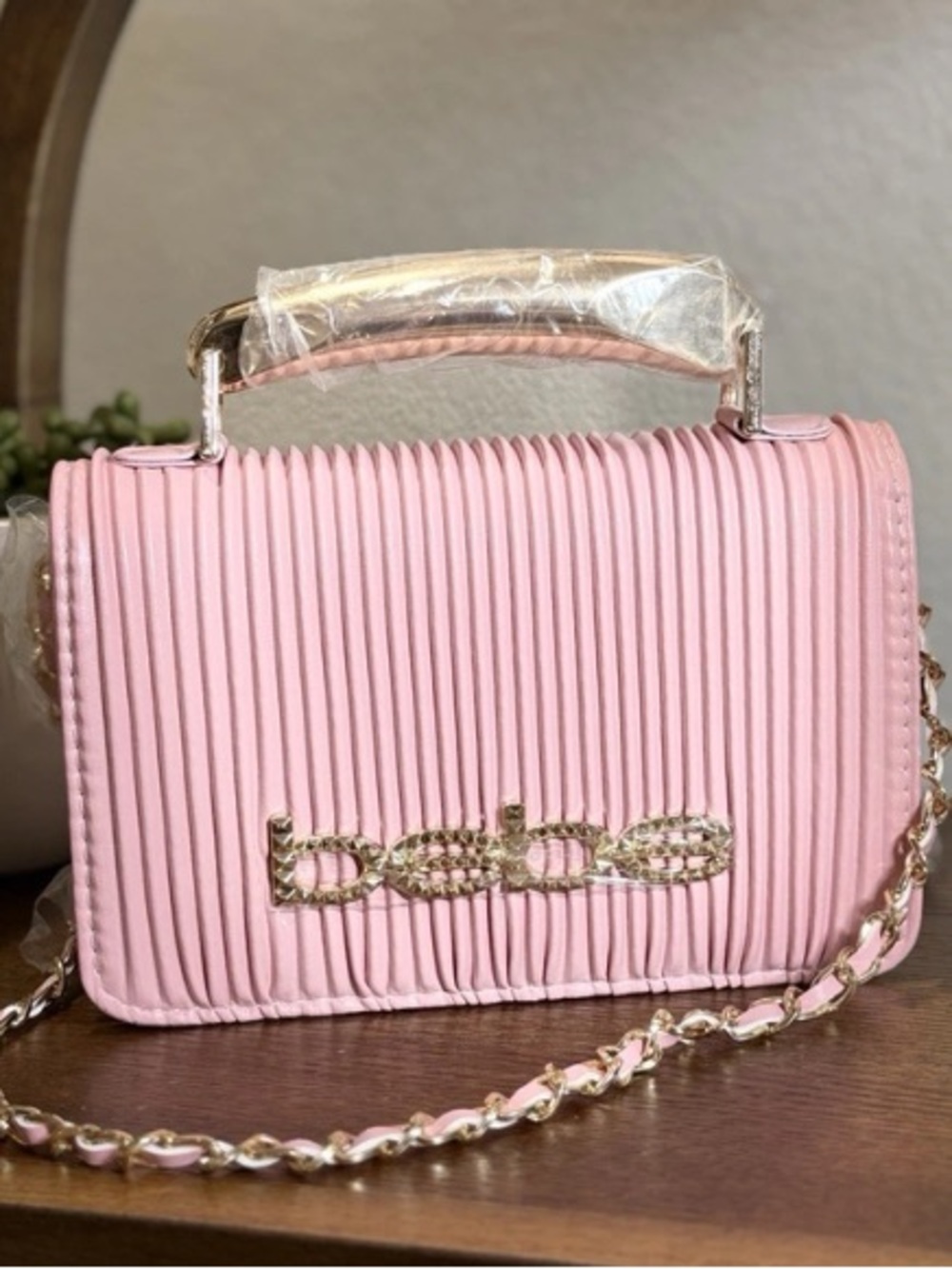 Pink Bebe Ribbed Crossbody Bag with Gold Chain
